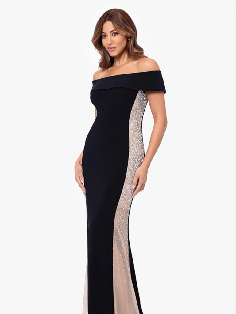 Xscape - Crystal Mesh Detail One-Shoulder Sheath Detail Gown Size 12